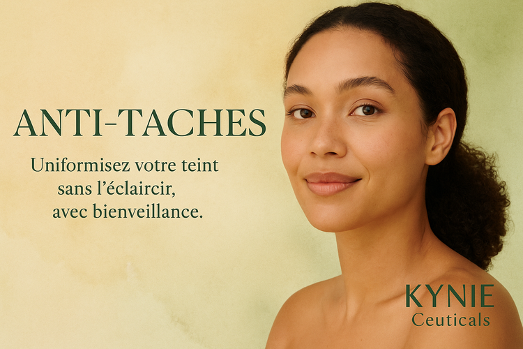 Femme métissée au teint homogène, représentant la collection Anti-taches KYNIE Ceuticals, soins à la vitamine C et niacinamide pour corriger les taches pigmentaires.