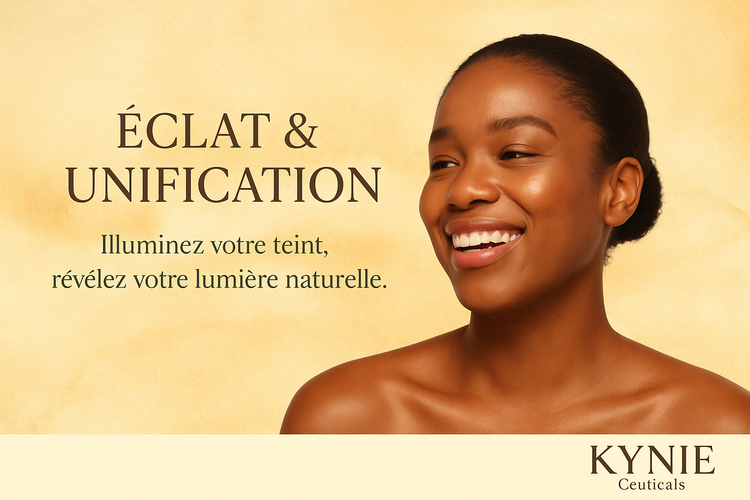 Femme noire au teint lumineux souriant, représentant la collection Éclat & Unification de KYNIE Ceuticals, soins à la vitamine C et niacinamide pour unifier le teint naturellement.