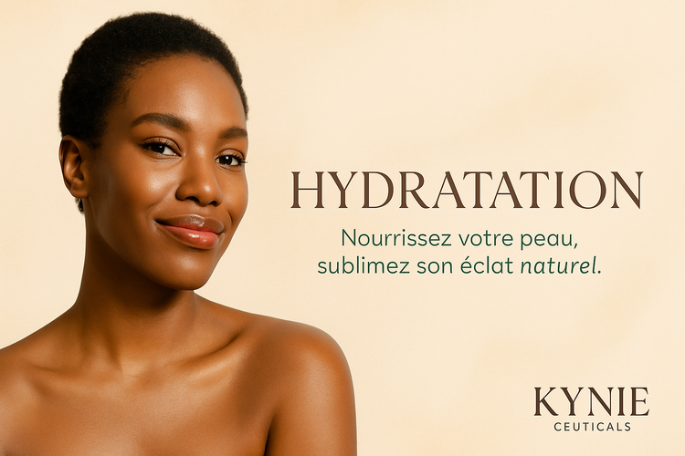 Femme noire à la peau douce et hydratée, représentant la collection Hydratation de KYNIE Ceuticals, soins au beurre de karité, squalane et aloe vera.