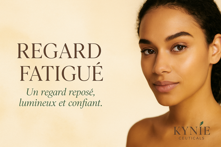 Gros plan sur le regard d’une femme noire au contour des yeux lumineux, illustrant la collection Regard Fatigué KYNIE Ceuticals, soins à la vitamine C et acide hyaluronique.