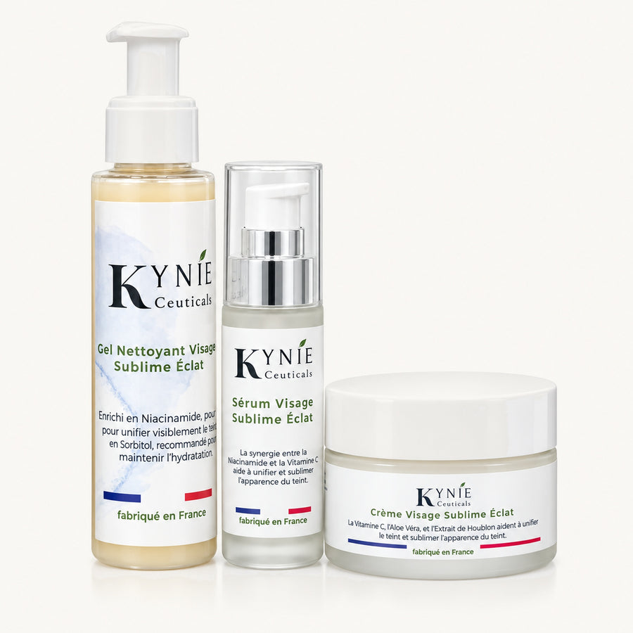 Trio Visage Sublime Éclat Kynie Ceuticals : gel nettoyant, sérum et crème visage
