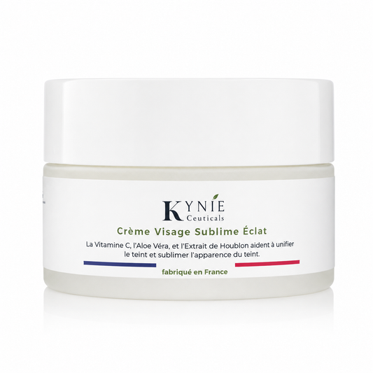 Crème Visage Sublime Éclat Kynie Ceuticals, à appliquer avant la protection solaire dans une routine anti-taches peau noire et métissée