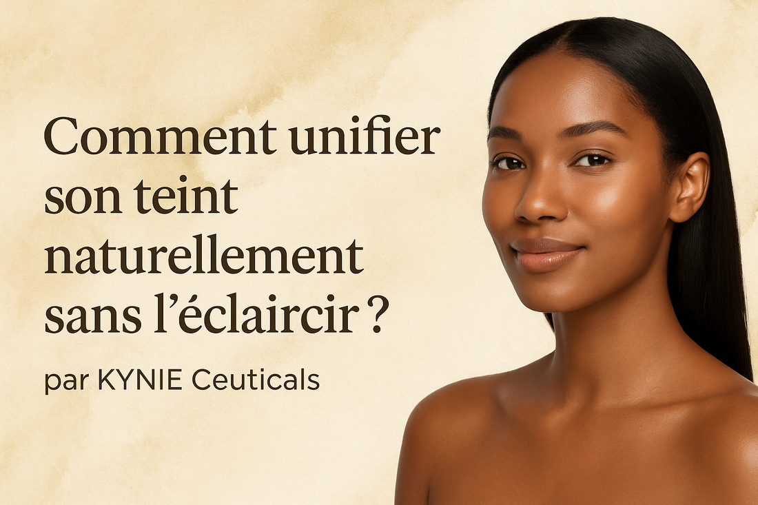 Femme noire au teint éclatant utilisant les soins KYNIE Ceuticals pour unifier naturellement sa peau