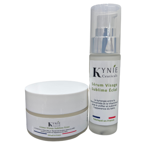 Duo Essentiel Sérum et Crème Visage Sublime Éclat Kynie Ceuticals, pour anticiper le renouvellement de sa routine peau noire et métissée