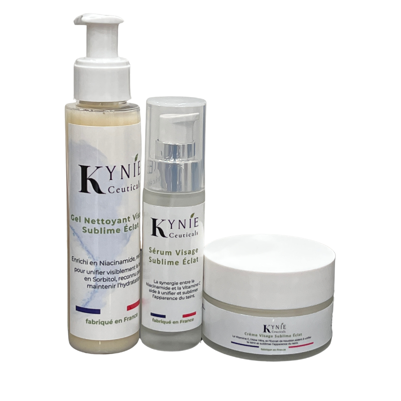 Trio Visage Sublime Éclat Kynie Ceuticals, gel nettoyant, sérum et crème à appliquer dans le bon ordre pour peau noire et métissée