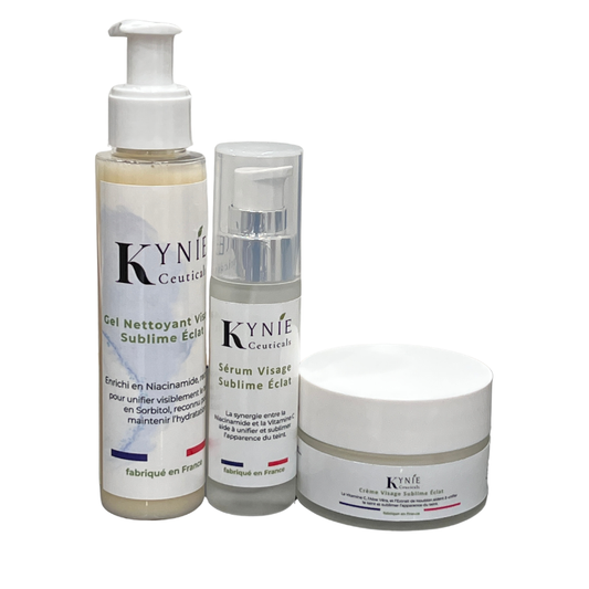 Trio Visage Sublime Éclat Kynie Ceuticals, gel nettoyant, sérum et crème à appliquer dans le bon ordre pour peau noire et métissée