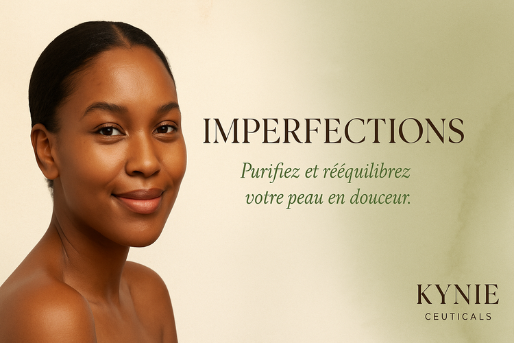 Femme noire au teint net et apaisé, illustrant la collection Imperfections de KYNIE Ceuticals, soins à la niacinamide et huile de tournesol pour purifier la peau.