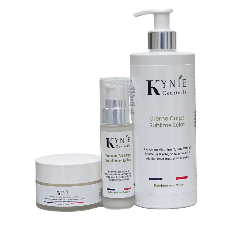Trio Corps & Visage Sublime Éclat Kynie Ceuticals – sérum visage, crème visage et crème corps anti-taches et hydratation peaux noires et métissées.