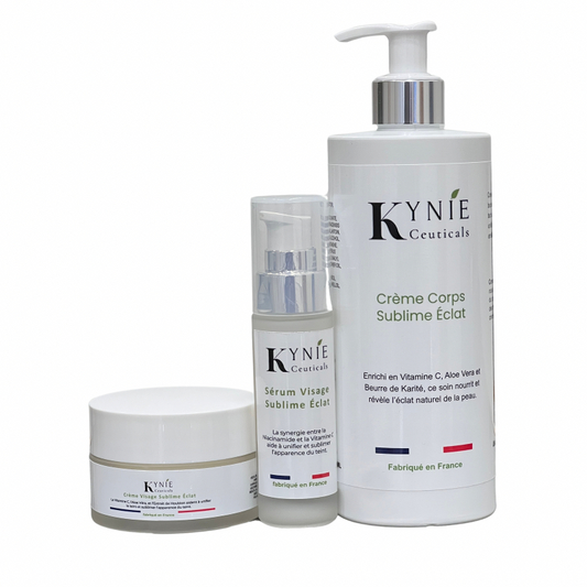 Trio Corps & Visage Sublime Éclat Kynie Ceuticals – sérum visage, crème visage et crème corps anti-taches et hydratation peaux noires et métissées.